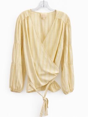 Nurode Yellow Stripe Wrap Blouse Tie Waist Balloon Sleeve Lightweight 2X